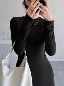 FRIFUL Women's Long Mesh Patchwork Dress, Slim Waist Flowy Solid Color, Suitable For Holiday, Graduation, Vacation,Fall Dress - Black - View 4