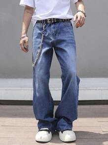 Manfinity Roghcode 男士夸张金属链装饰宽松牛仔裤 - 中等水洗藍 - 查看 3