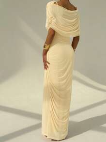 Aloruh Women's Solid Color Short Sleeve Waist-Cinched Elegant Off Shoulder Long Dress - Apricot - View 2