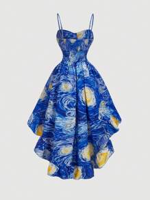 SHEIN MOD 星星印花腰部褶皱荷叶边下摆拼布前短后长连衣裙 - 彩色 - 查看 2