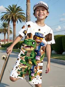 SHEIN Conjunto informal de moda para niño pequeño con camiseta estampada con dinosaurio de dibujos animados y hombre de píxeles, y pantalones cortos a juego - Conjunto coordinado para jóvenes, Traje de 2 piezas para jóvenes adolescentes