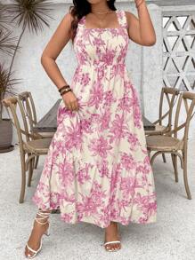 SHEIN Clasi Plus Size Women Pink Floral Print Ruffle Hem Spaghetti Strap Adjustable Bust A-Line Maxi Dress,Summer Boho Vacation Holiday Casual Sun Dress Outfit - Hot Pink - View 4