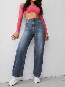 SHEIN ICON 大码高街阔腿牛仔裤，街头风格 - 深色水洗藍 - 查看 3