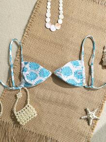 Sweetra Sweetro 夏季假期随机图案罗纹纹理面料细肩带金色珍珠装饰性感抹胸泳衣上衣 - 彩色 - 查看 2