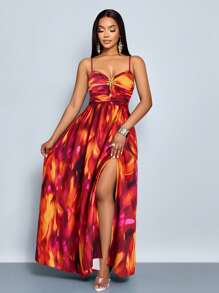 SOLERSUN 性感热带印花露背沙滩裙，高开衩，金色海星装饰，度假吊带背心（随机花卉） - 橘色 - 查看 7