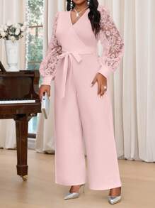 SHEIN Lady 春夏秋冬优雅通勤办公室鸡尾酒会情人节婚礼白色针织刺绣重叠领重叠领撞色蕾丝腰带长袖大码连体裤优雅装情人节装春季茶会装夏季女士装 - 藕粉色 - 查看 4