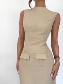 SHEIN Essnce Women Summer Breathable Two Pieces Set With Sleeveless Shirt & Slit Skirt | Business Casual Elegance, Old Money Aesthetic, 2025 Summer - Khaki - View 7