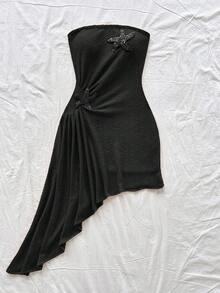 Soleia Bright Orange Tropical Beach Resort Women's Strapless Ruched Flounce Hem Starfish Decor Mini Beach Dress Black Summer Dress Black Vacation Dress Black Beach Dress Black Swimsuit Cover Up Black Beach Cover Up