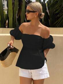 DAZY Women's Off Shoulder Puff Sleeve Tube Top Blouse, Suitable For Beach Vacation Babydoll Top