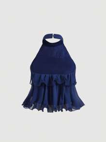 SHEIN MOD 海军蓝多层荷叶边露脐上衣，可爱上衣，抹胸上衣，优雅版型，露背上衣，新年上衣，派对上衣，露肩上衣，女士休闲前扣宽肩带简约衬衫，适合日常穿着，复古服饰，女装，情人节穿搭 - 藏蓝色 - 查看 2