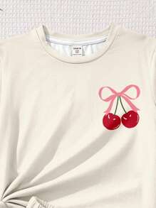 SHEIN 2pcs Set Cute Pink Bow & Cherry Print Tween Girl Casual Simple Short Sleeve T-Shirt And Shorts, Suitable For Summer