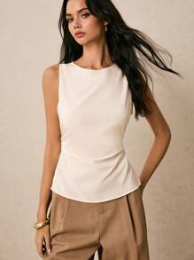 Poéselle Áo vải lanh, thiết kế xẻ tà, đơn giản và thời trang, phong cách cổ điển, áo ba lỗ không tay bó sát tối giản màu trơn mùa hè cho nữ - Màu Khaki - Xem 5