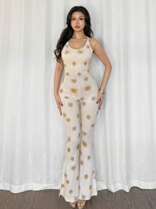 Women's Allover Printed Sexy Elastic Tight Unitard Jumpsuit Vacation, One-Piece Outfit - Beige - View 3