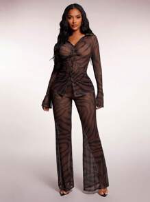 Radiana 2 件套女士休闲斑马纹透明网眼衬衫上衣和高腰长裤套装，街头风格度假，春夏 - 彩色 - 查看 4