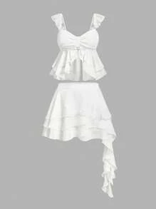 SHEIN MOD Damen weiße Zweiteiler für den täglichen Gebrauch, 2-teilige Sets für Damen, Sommer-Sets, Boho, Urlaub, Strand, luftiges Urlaubs-Zweiteiliges Set, Brunch-Outfits für Damen, Fairycore, elegant, Rüschen-Chiffon Zweiteiler - Weiss - Übersicht 1