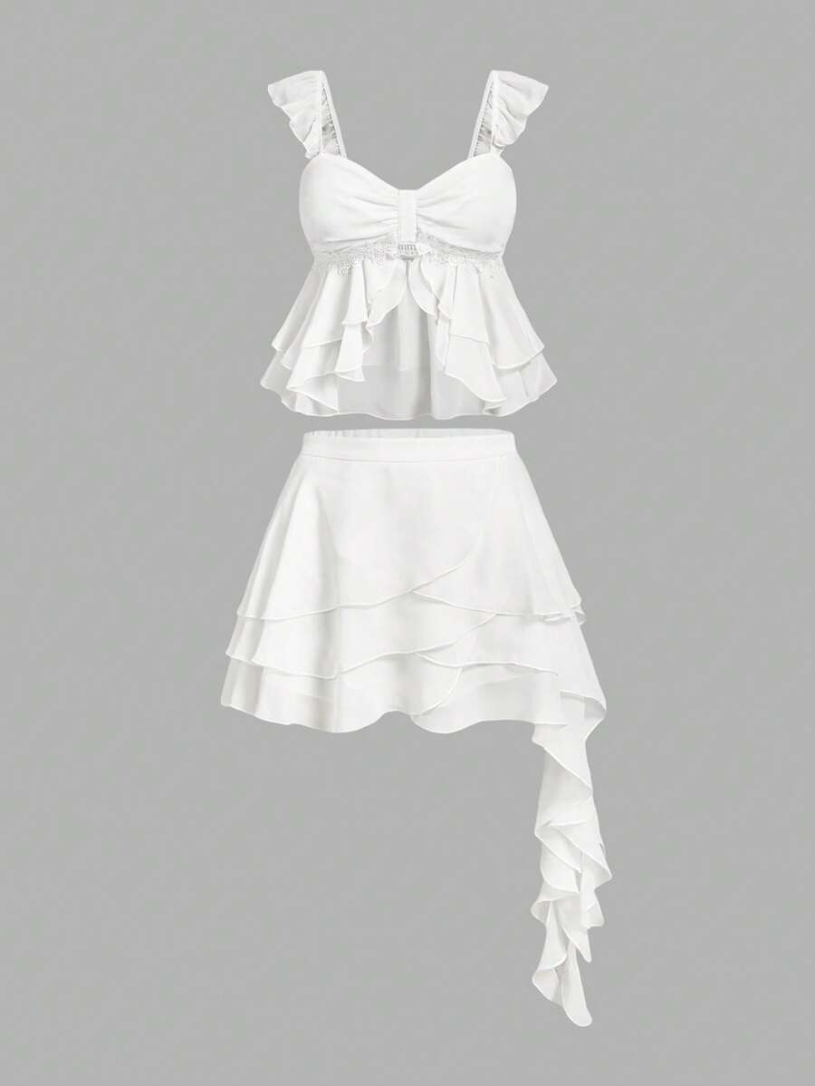 SHEIN MOD Damen weiße Zweiteiler für den täglichen Gebrauch, 2-teilige Sets für Damen, Sommer-Sets, Boho, Urlaub, Strand, luftiges Urlaubs-Zweiteiliges Set, Brunch-Outfits für Damen, Fairycore, elegant, Rüschen-Chiffon Zweiteiler - Weiss - Übersicht 1