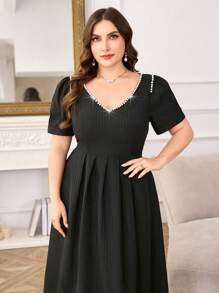 Modelyn V-Neck Long Sleeve A-Line Plus Size Casual Dress, Suitable For Spring & Summer - Black - View 3