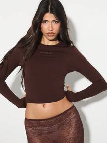 KIZN 长袖修身基本款短款上衣 - 咖啡棕 - 查看 3