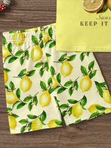 SHEIN Sparkle & Twirl Young Girl Lemon Pressed Flowers Short Sleeve Top And Shorts 2-Piece Set,Vintage Boho Botanical Pastel Floral Summer Casual Clothing - Multicolor - View 5