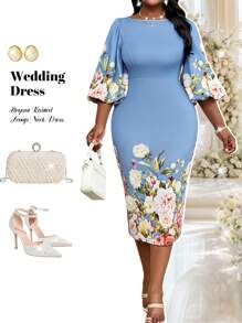 Fleurora 春夏优雅通勤办公室彩色针织圆领铅笔主教袖七分袖大码连衣裙女夏装女夏装女士夏装女士办公室服装女士服装夏季大码夏装办公室连衣裙商务休闲女士，女士正式连衣裙