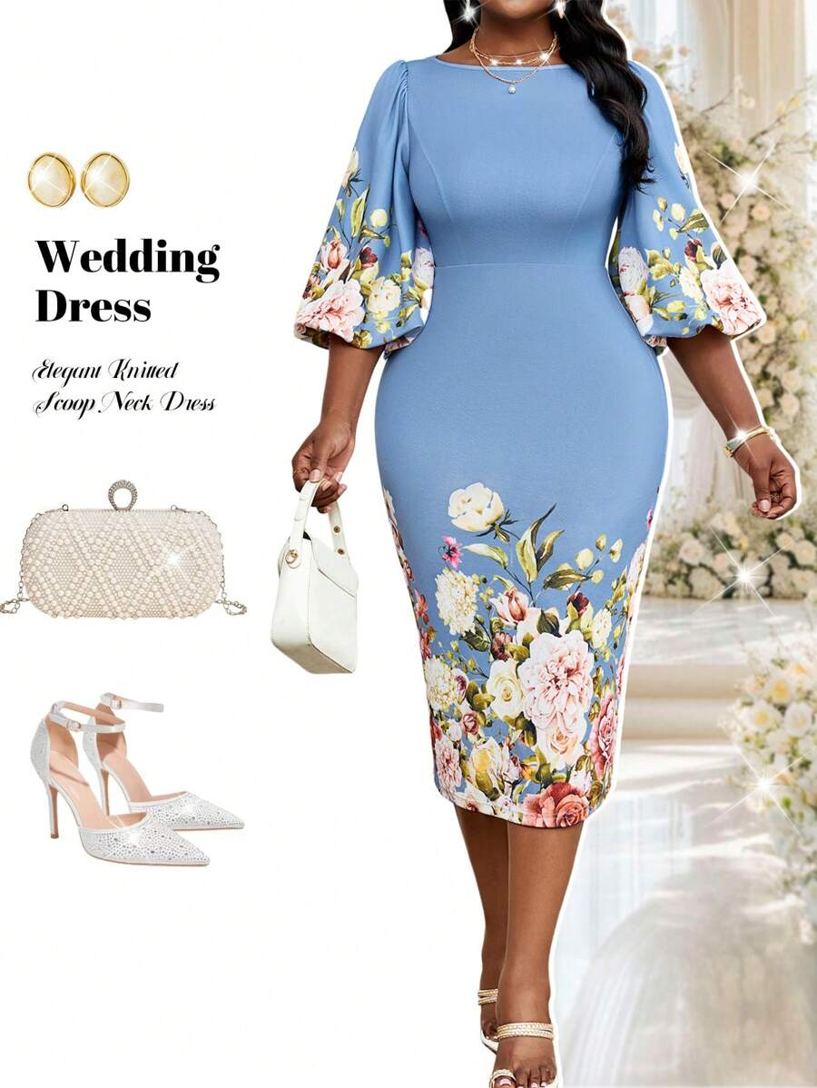 Fleurora 春夏优雅通勤办公室彩色针织圆领铅笔主教袖七分袖大码连衣裙女夏装女夏装女士夏装女士办公室服装女士服装夏季大码夏装办公室连衣裙商务休闲女士，女士正式连衣裙