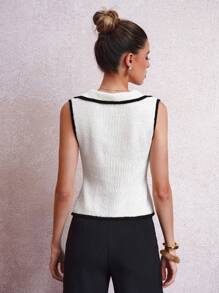 SHEIN Clasi Women Contrast Binding Knitted Button Front Sweater Vest - Black and White - View 2