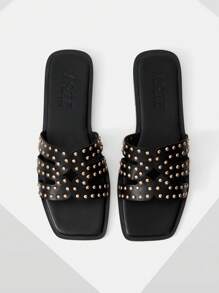 MOTF PREMIUM SQUARE TOE SLIP-ON RIVET FLAT SANDALS FOR CHRISTMAS SPRING SHOES - Black - View 1