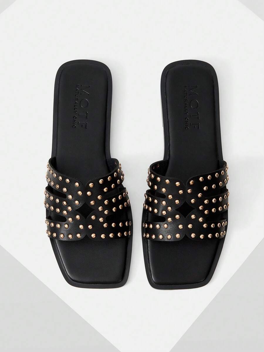 MOTF PREMIUM SQUARE TOE SLIP-ON RIVET FLAT SANDALS FOR CHRISTMAS SPRING SHOES - Black - View 1