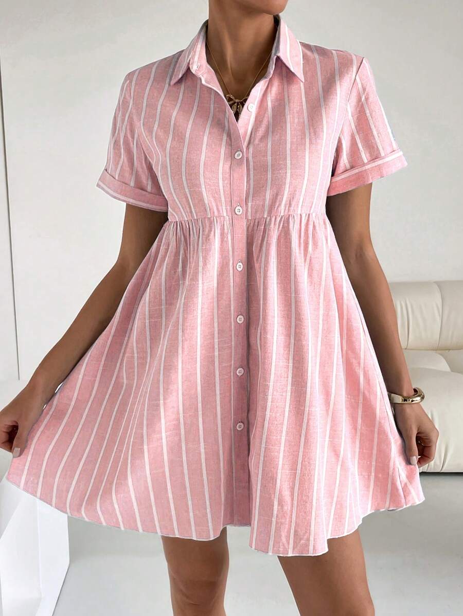Siren Gaze Đầm ngắn tay kẻ sọc cho nữ, thời trang mùa hè, đầm ngắn mùa hè, quần áo mùa hè, đầm công sở mùa hè, quần áo mùa hè, quần áo nữ, đầm sơ mi kẻ sọc, đầm cài nút, đầm ngắn tay mùa hè, đầm hồng, đầm kiểu preppy, đầm kẻ sọc - Bụi hồng - Xem 1