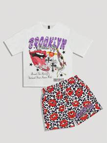 ROMWE MEN Street Life Bộ 2 áo thun và quần short họa tiết da báo thời trang đường phố dành cho nam - Nhiều màu - Xem 1