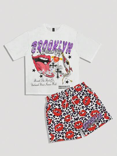 ROMWE MEN Street Life 2件套男士豹纹街头时尚T恤和短裤套装