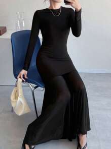 FRIFUL Women's Long Mesh Patchwork Dress, Slim Waist Flowy Solid Color, Suitable For Holiday, Graduation, Vacation,Fall Dress - Black - View 3
