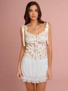 Enchnt Spring/Summer Frenchy Romantic Women's Fashion Ditsy Floral Embroidery Lace Stitching Camisole Tank Tops, Suitable For Summer,Sweet&Holiday &Vacation&Sweet Date Night&Daily Commuting&Afternoon Tea Dress&Garden Parties - Apricot - View 7