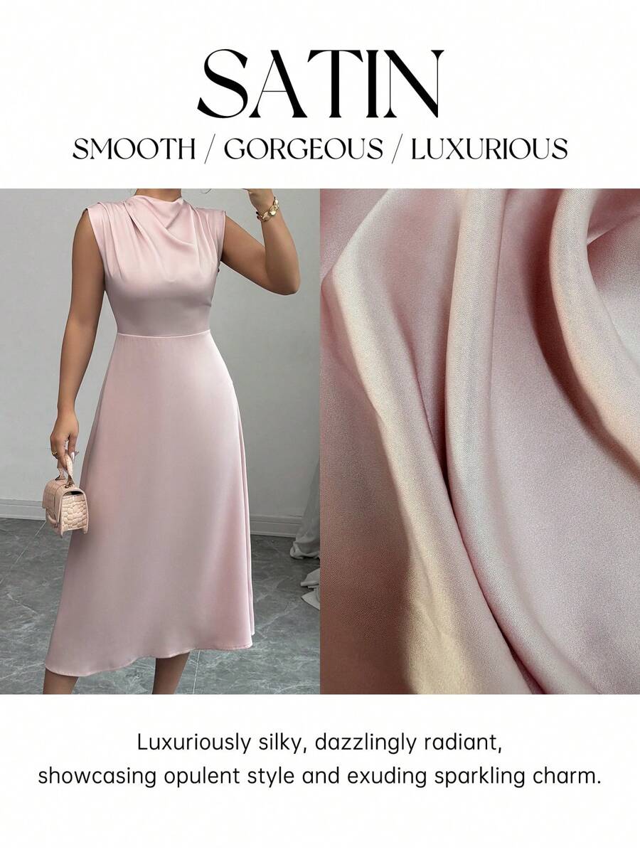 Elenzga Romantic Elegant Draped A-Line Midi Dress - Pink - View 1
