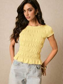 Poéselle 女式纯色圆领荷叶边下摆休闲短袖短款衬衫