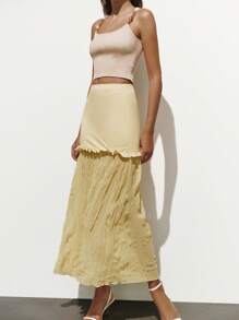 Lumivelle Váy chữ A dệt kim màu trơn tối giản thời trang dành cho nữ & vải voan nhún viền - Màu vàng - Xem 5