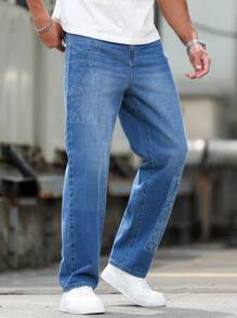 Manfinity Homme Men's Summer Daily Casual Pocket Washed S Baggy Jeans With Design - Blue - View 6