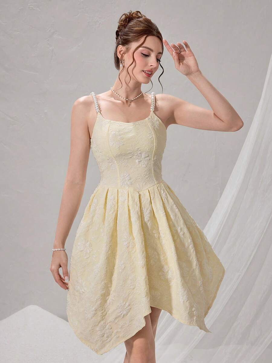 Modelyn French Pearl Strap Asymmetrical Waist Mini Dress, Romantic Style Birthday Party Cocktail Dress - Apricot - View 1