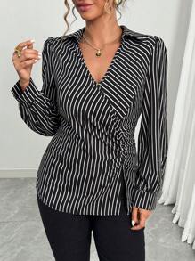 Elenzga Blusa ajustada de talla grande con rayas verticales, la talla grande vendida - Multicolor - Ver 4