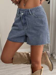 DAZY Women's Summer Skew Collar Waist Design Frayed Street Casual Denim Shorts Low Rise Jeans