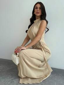 Firerie Women's New Apricot Sleeveless Waist Pleated Hem Long Dress, Elegant Commuter Dress, Waist A-Line Dress, Small Stand-Up Collar Dress, Apricot Dress, Spring, Summer And Autumn Clothing, Commuting, Elegant, Mother's Day, Teacher's Day, Work Clothing,Graduation,Teacher Outfits For Women,Teacher Dress - Apricot - View 6