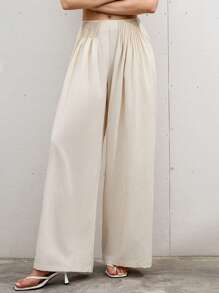Femmeiva Beige Autumn Modest Vacation Holiday Women's Faux Linen High Waist Wide Leg Palazzo Pants,Luxurious Old Money Design Feminine Commuter Smart Trousers - Apricot - View 2