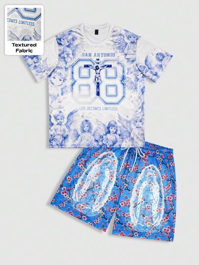 Prep 2 pièces Ensemble de Top à manches courtes et short en tricot style sportif Y2K pour hommes, convient pour le port quotidien, printemps/été