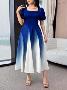 Feyla 女士方领短款泡泡袖渐变色优雅中长连衣裙 - 藍色 - 查看 6