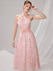 Poshira Đầm trễ vai không tay thắt eo jacquard cho nữ - Hồng - Xem 7