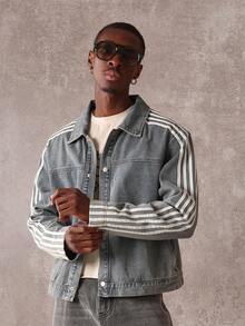 SUMWON Striped Denim Trucker Jacket Retro Throwback Style Classic Distressed Side Stripe Modern Casual Outerwear Chic Street Fashion - Blue - View 5