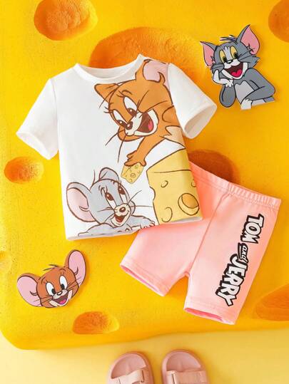 TOM & JERRY X SHEIN 女婴卡通和奶酪印花白色休闲可爱短袖T恤和粉色修身短裤两件套