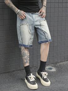 Manfinity EMRG 男士时尚牛仔短裤，适合夏季 - 藍色 - 查看 5
