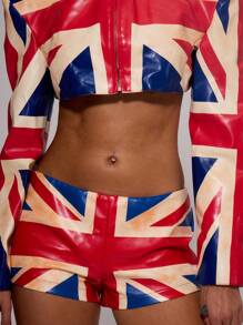 MUSERA Pu Leather Union Jack Mini Short , Summer, Holiday, Festival, Rave, Grunge, Cool Girl, Y2K Party - Multicolor - View 5
