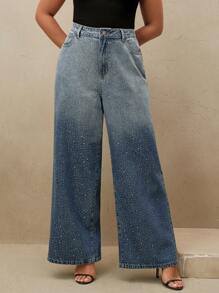 Anewsta 大码女式水钻装饰蓝色直筒牛仔裤 - 藍色 - 查看 4